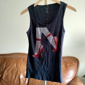 Red Crystals Heels Clear Crystals Legs Ribbed Black Tank Top 100% Cotton Size M